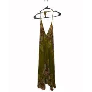 Vintage black-less summer halter tie maxi sundress with floral green pattern